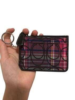 Coach Pink Tartan Plaid Signature Card Case with Keyring